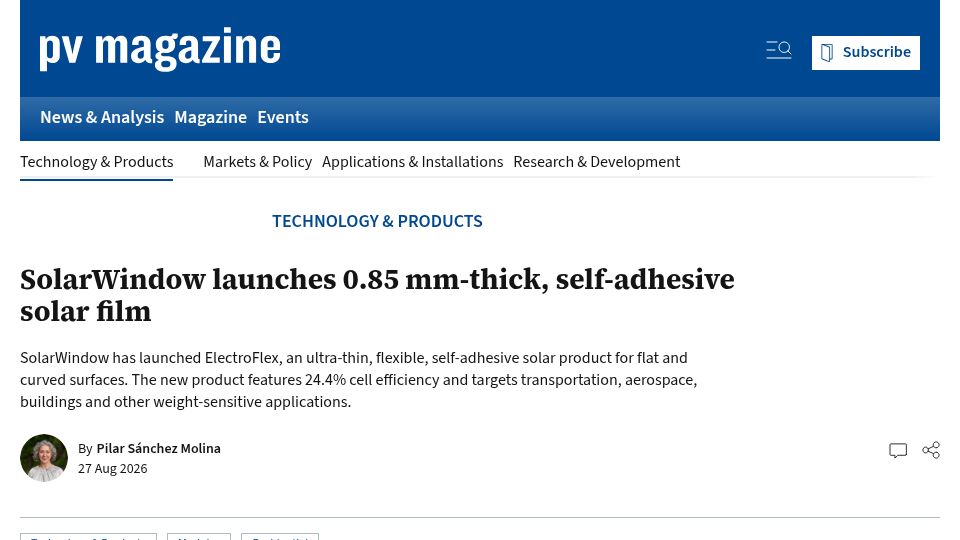 Screenshot of pv-magazine.com: SolarWindow launches 0.85 mm-thick, self-adhesive solar film