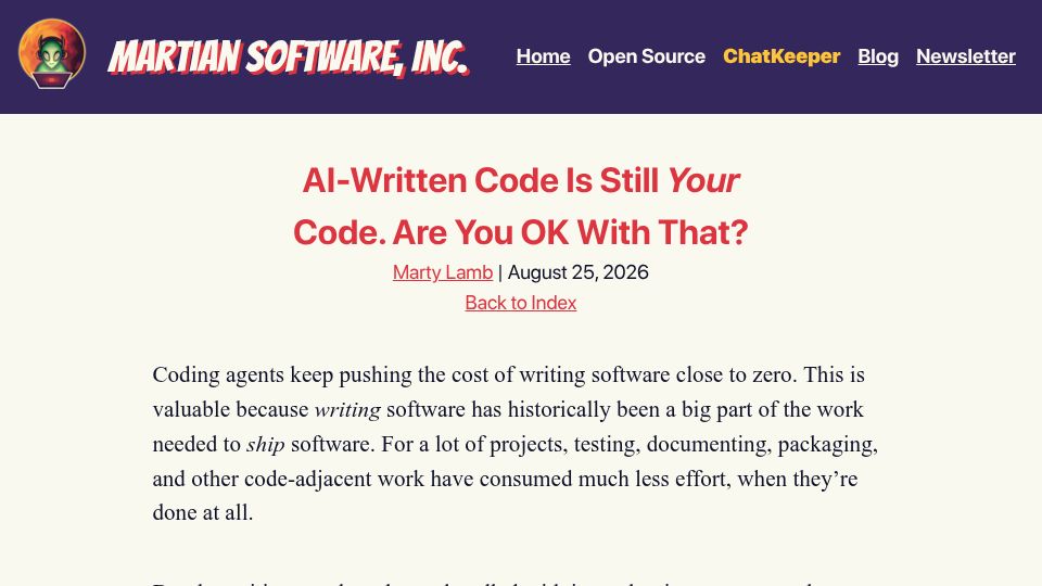 Screenshot of martiansoftware.com: AI-Written Code Is Still *Your* Code. Are You OK with That?