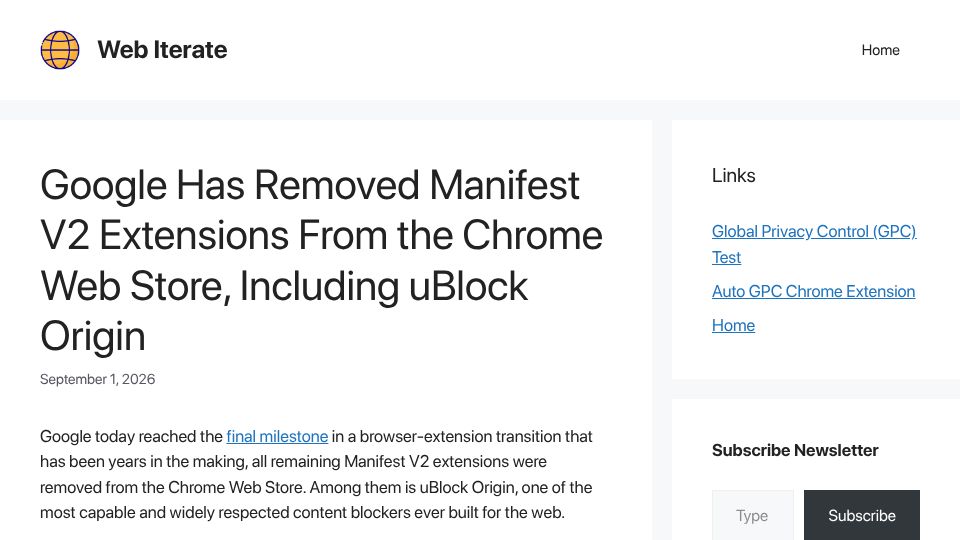 Screenshot of webiterate.dev: Google Has Removed MV2 Extensions from the Chrome Web Store, Including UBO