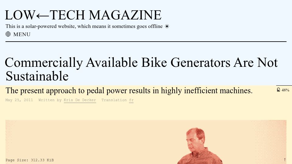 Screenshot of solar.lowtechmagazine.com: Commercially Available Bike Generators Are Not Sustainable (2011)