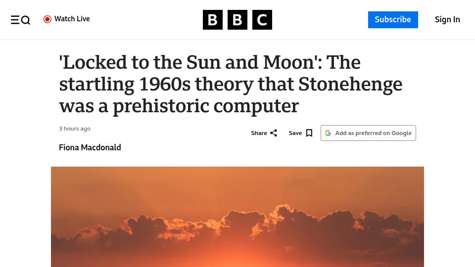 Screenshot of bbc.com: 1960s theory that Stonehenge was a prehistoric computer