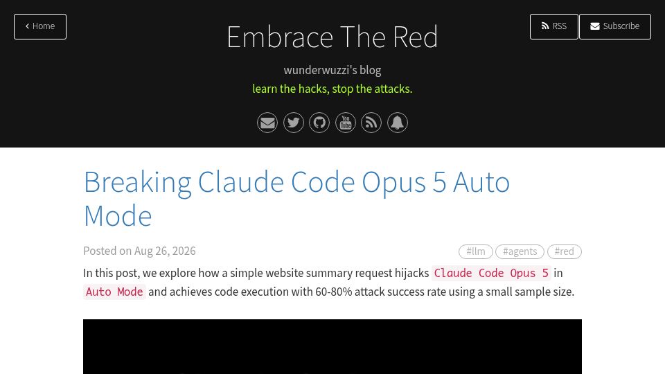 Screenshot of embracethered.com: Breaking Claude Code Opus 5 Auto Mode