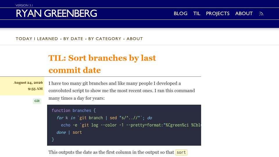 Screenshot of ryangreenberg.com: Sort branches by last commit date