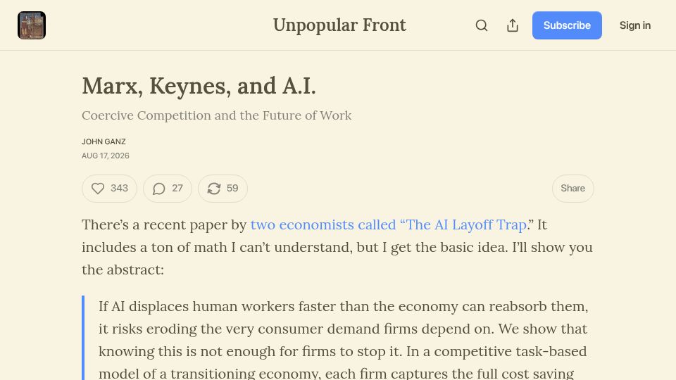 Screenshot of unpopularfront.news: Marx, Keynes, and AI