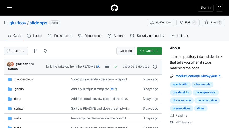 Screenshot of github.com: Show HN: SlideOps – slides from a repo that flag when they drift from the code