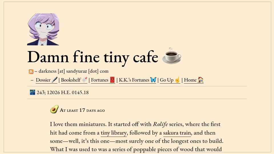 Screenshot of sandyuraz.com: Damn fine tiny cafe