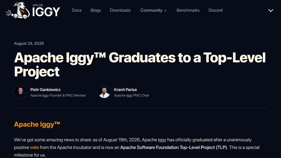 Screenshot of iggy.apache.org: Apache Iggy, a message streaming platform in Rust, graduates to an Apache TLP