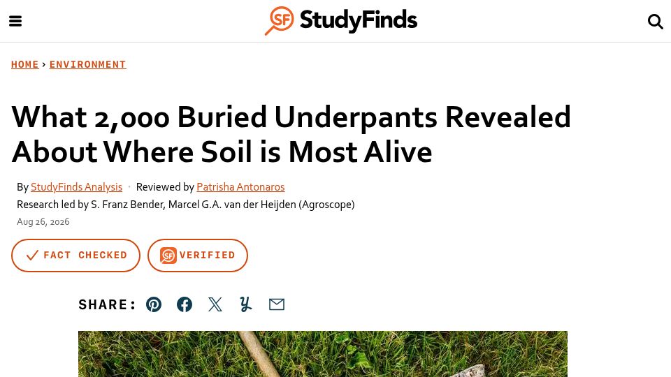 Screenshot of studyfinds.com: What 2000 Buried Underpants Revealed About Where Soil Is Most Alive