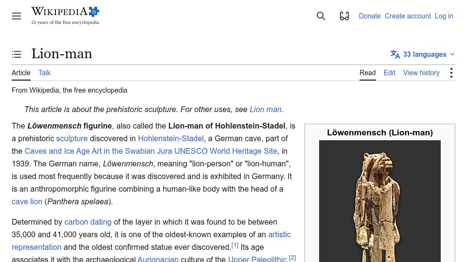 Screenshot of en.wikipedia.org: Lion-man