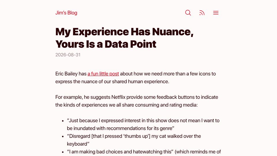 Screenshot of blog.jim-nielsen.com: My Experience Has Nuance, Yours Is a Data Point