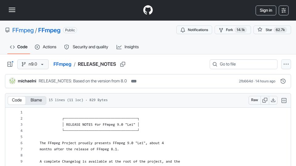 Screenshot of github.com: FFmpeg 9.0