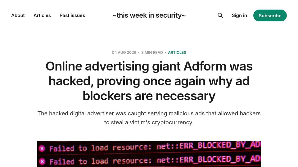 Screenshot of this.weekinsecurity.com: Online ad giant Adform was hacked, proving once again why ad blockers are needed