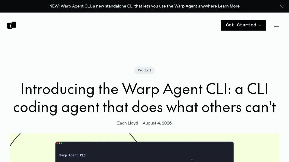 Screenshot of warp.dev: The Warp Agent CLI