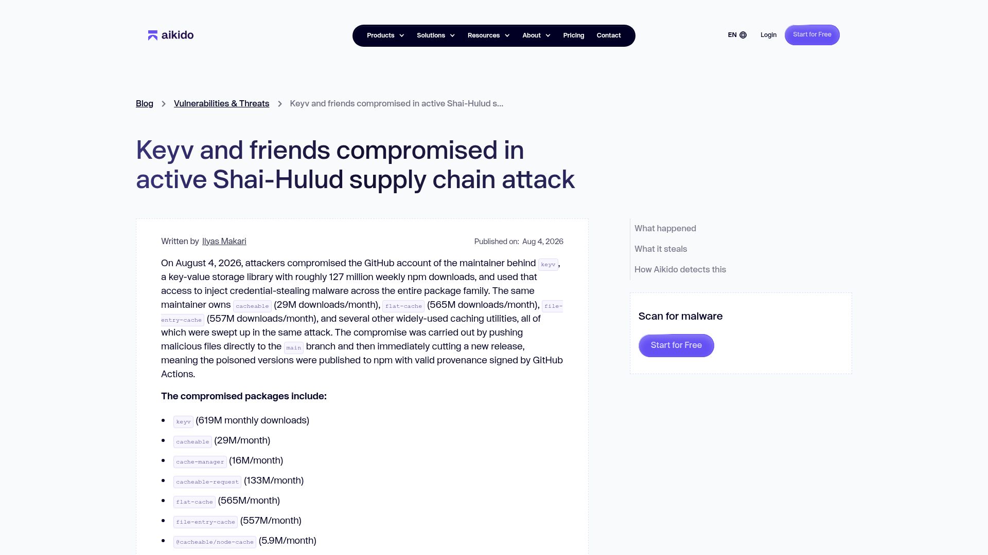 Screenshot of aikido.dev: Keyv and friends compromised in active Shai-Hulud supply chain attack