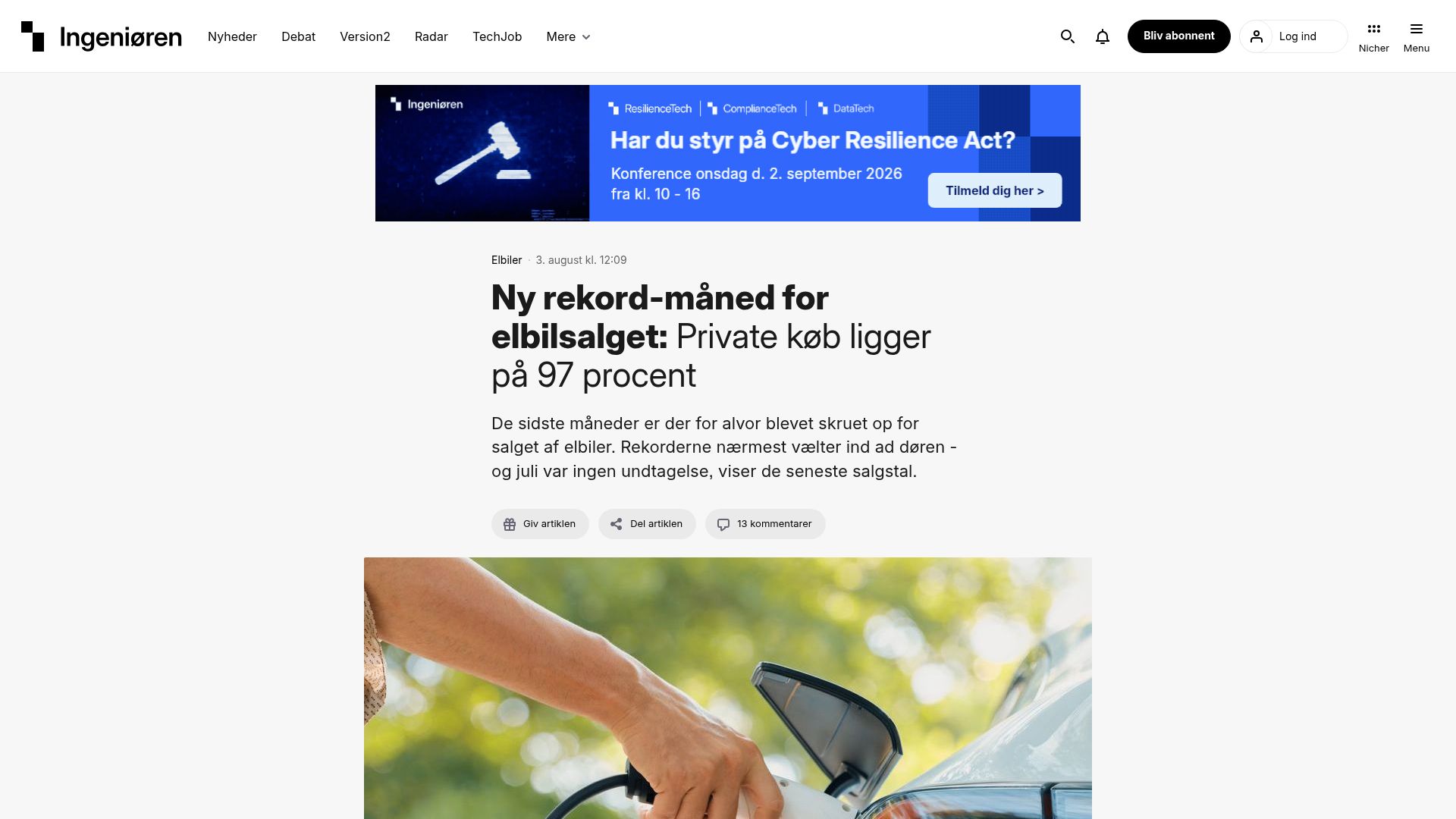 Screenshot of ing.dk: Denmark: EVs Make Up 97% of New Private Car Sales in July