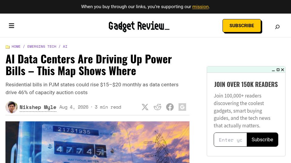 Screenshot of gadgetreview.com: AI Data Centers Are Driving Up Power Bills – This Map Shows Where
