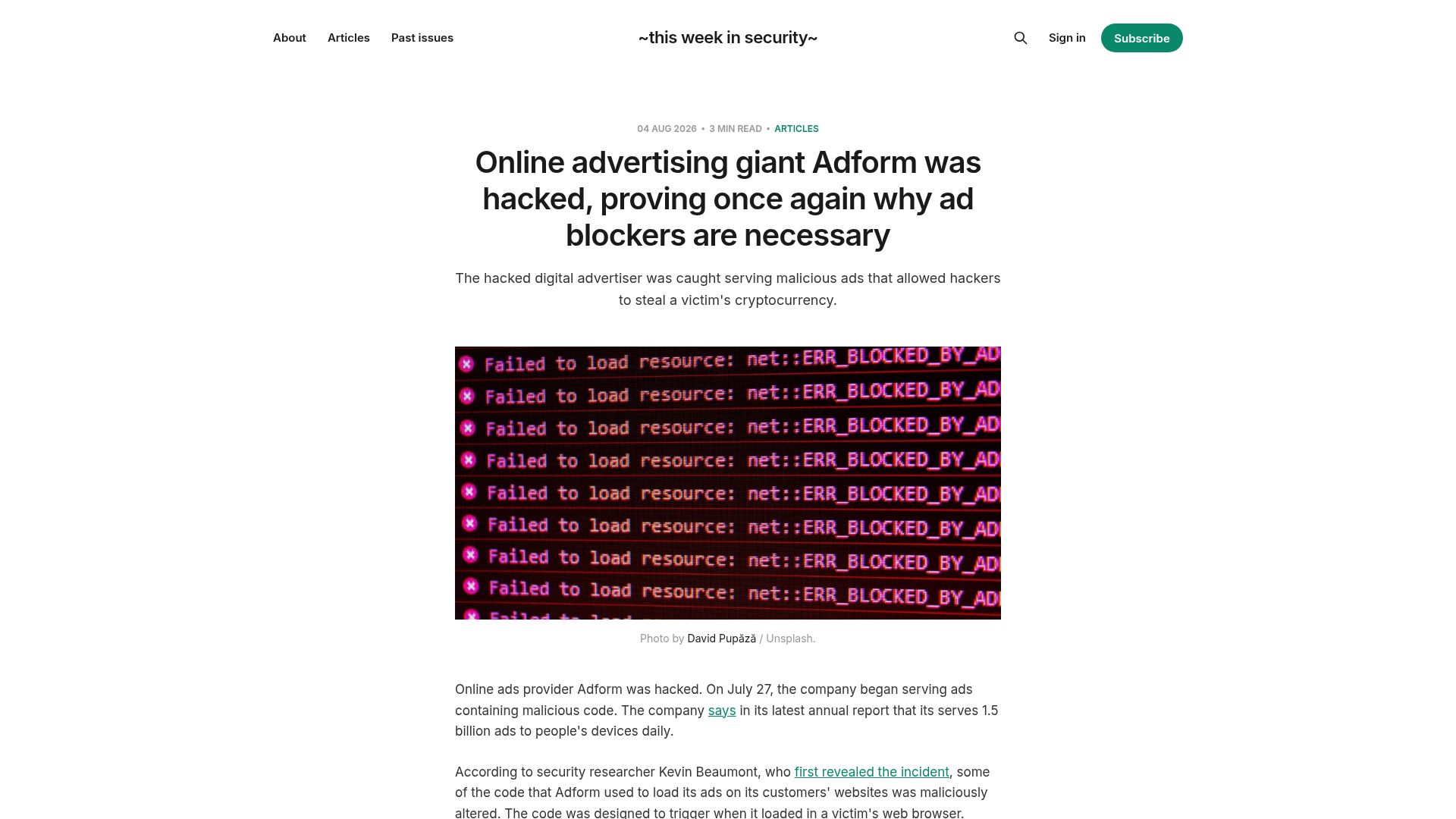 Screenshot of this.weekinsecurity.com: Online ad giant Adform was hacked, proving once again why ad blockers are needed