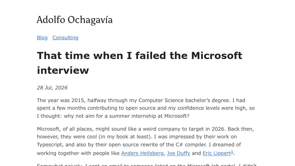 Screenshot of ochagavia.nl: That time when I failed the Microsoft interview