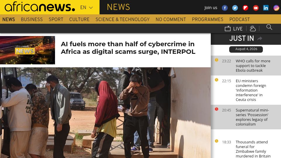 Screenshot of africanews.com: AI fuels more than half of cybercrime in Africa as scams surge – Interpol