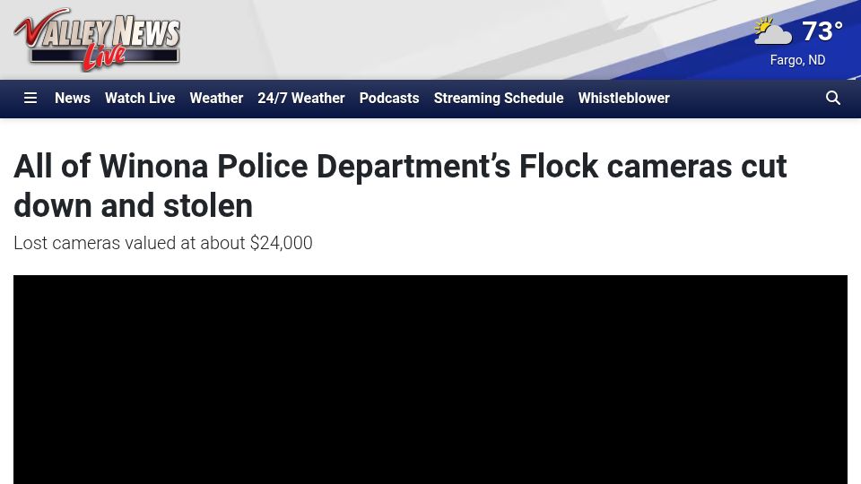 Screenshot of valleynewslive.com: All of Winona Police Department's Flock cameras cut down and stolen