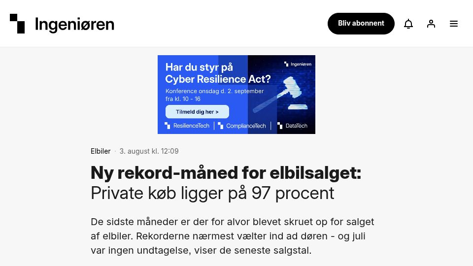 Screenshot of ing.dk: Denmark: EVs Make Up 97% of New Private Car Sales in July