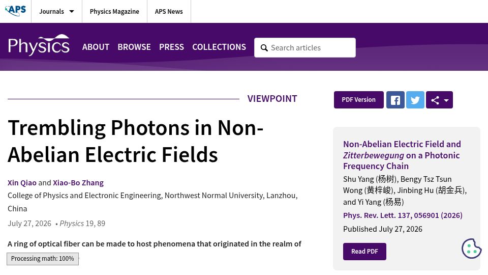 Screenshot of physics.aps.org: Trembling Photons in Non-Abelian Electric Fields