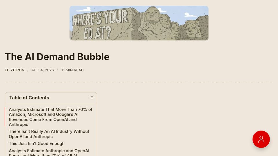 Screenshot of wheresyoured.at: The AI Demand Bubble