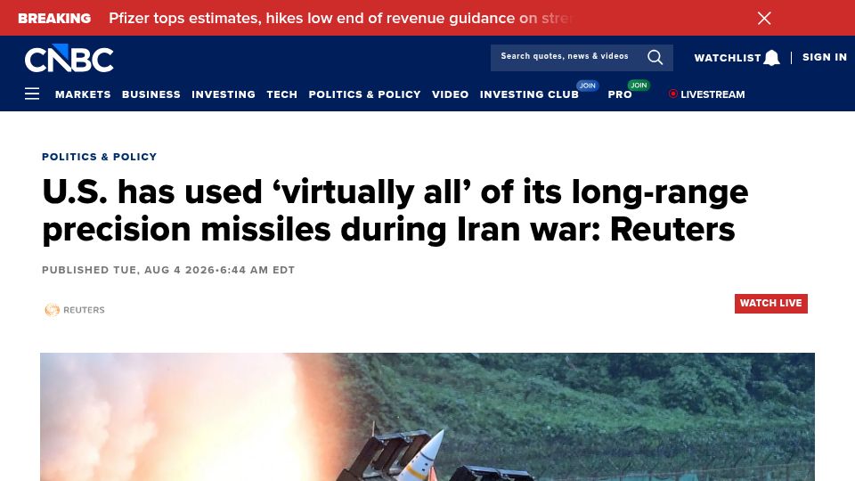 Screenshot of cnbc.com: U.S. used 'virtually all' of its long-range precision missiles during Iran war