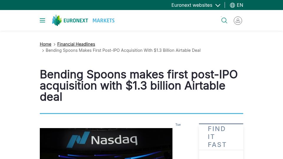 Screenshot of live.euronext.com: Bending Spoons makes first post-IPO acquisition with $1.3B Airtable deal