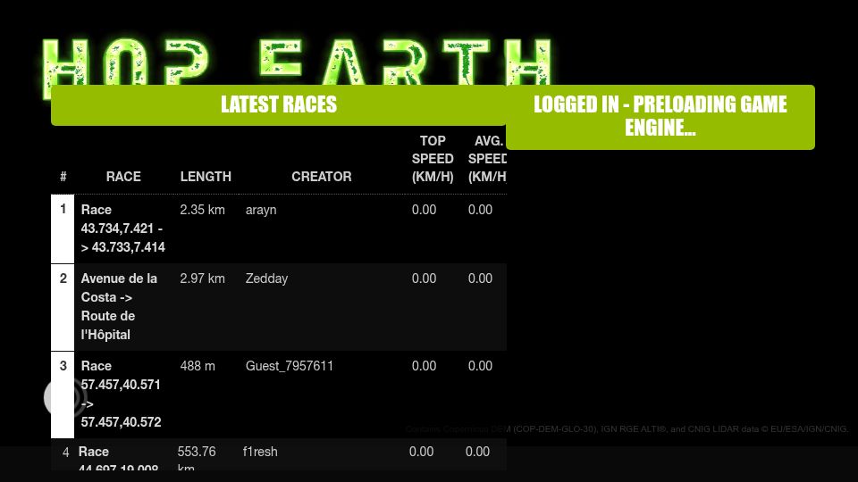 Screenshot of hop.earth: Hop.earth – OpenStreetMap based car racing game