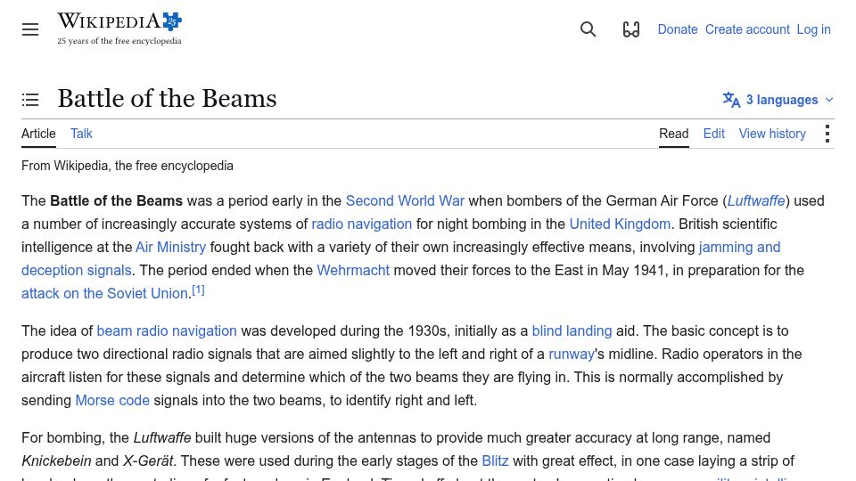 Screenshot of en.wikipedia.org: Battle of the Beams