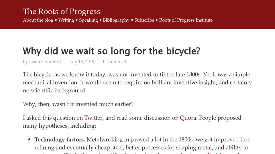 Screenshot of blog.rootsofprogress.org: Why did we wait so long for the bicycle? (2019)