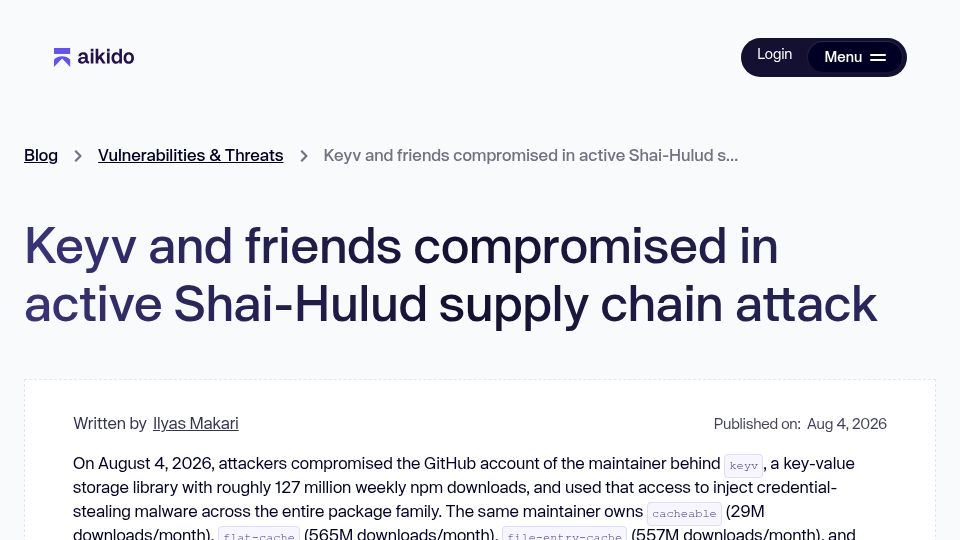 Screenshot of aikido.dev: Keyv and friends compromised in active Shai-Hulud supply chain attack
