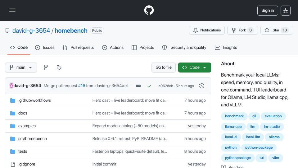 Screenshot of github.com: Homebench – Benchmark local LLMs for speed, memory, and quality