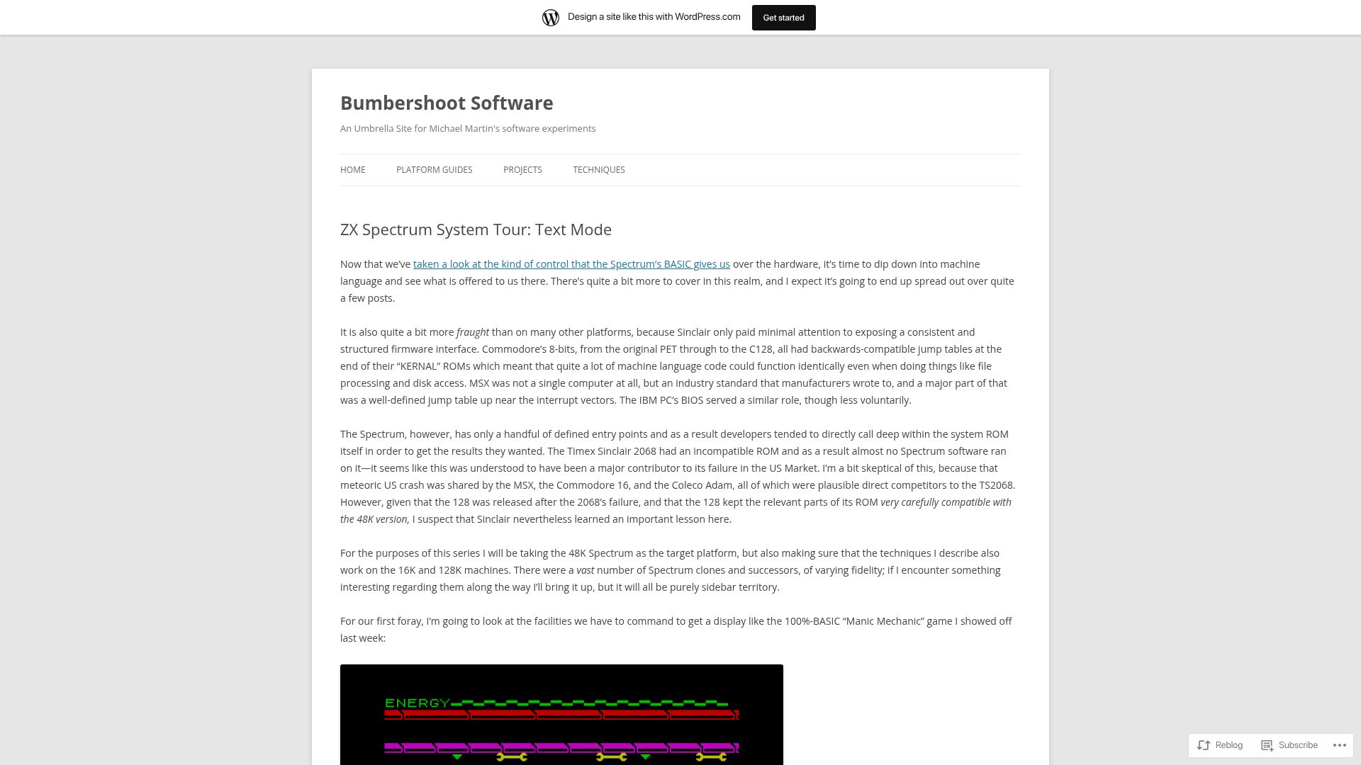 Screenshot of bumbershootsoft.wordpress.com: ZX Spectrum System Tour: Text Mode