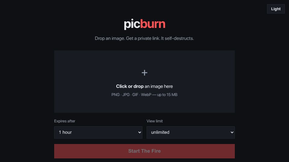 Screenshot of picburn.xyz: Show HN: I made a private self-destructing image hosting site in Golang