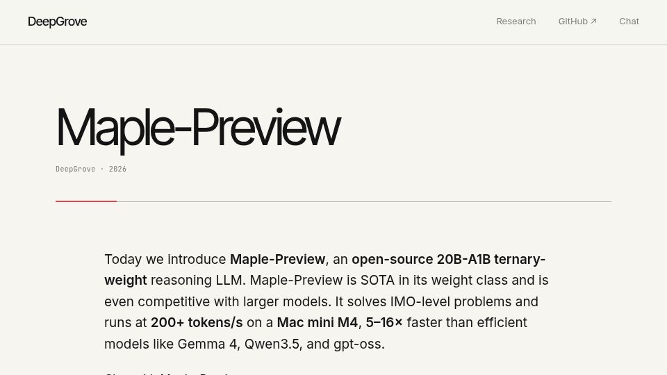 Screenshot of deepgrove.ai: Show HN: Maple-Preview – Ternary 20B MoE running at 120 tok/s on a iPhone