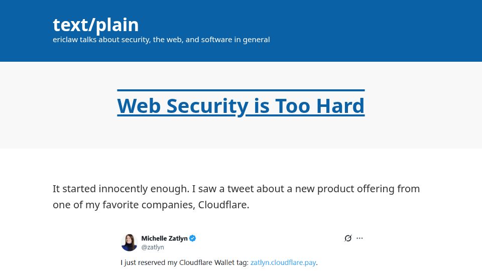 Screenshot of textslashplain.com: Web Security is Too Hard