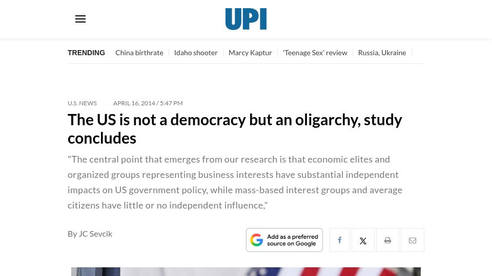Screenshot of upi.com: The US is not a democracy but an oligarchy, study concludes (2014)