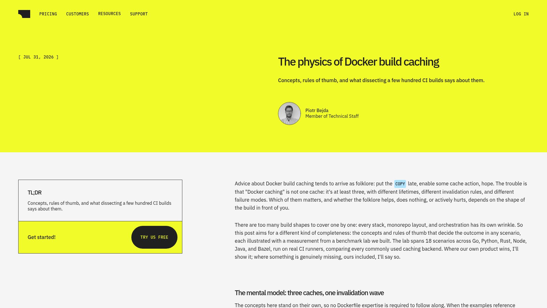 Screenshot of blacksmith.sh: The physics of Docker build caching