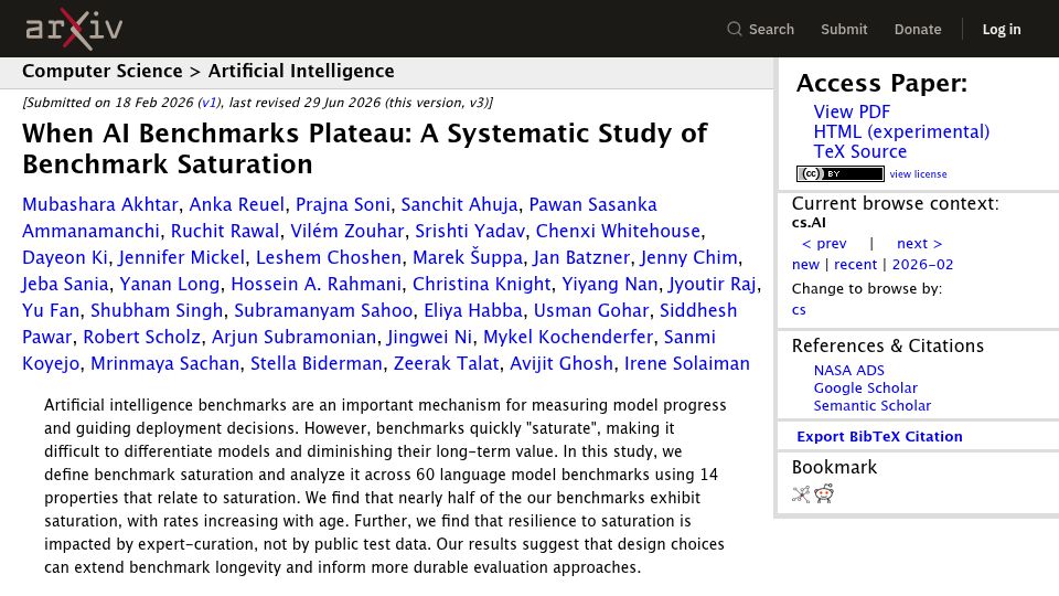 Screenshot of arxiv.org: When AI Benchmarks Plateau: A Systematic Study of Benchmark Saturation