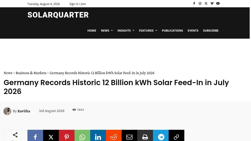 Screenshot of solarquarter.com: Germany Records Historic 12B KWh Solar Feed-In in July 2026