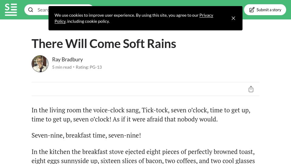 Screenshot of short-stories.co: Ray Bradbury's "There Will Come Soft Rains" is set today (2026-08-04)