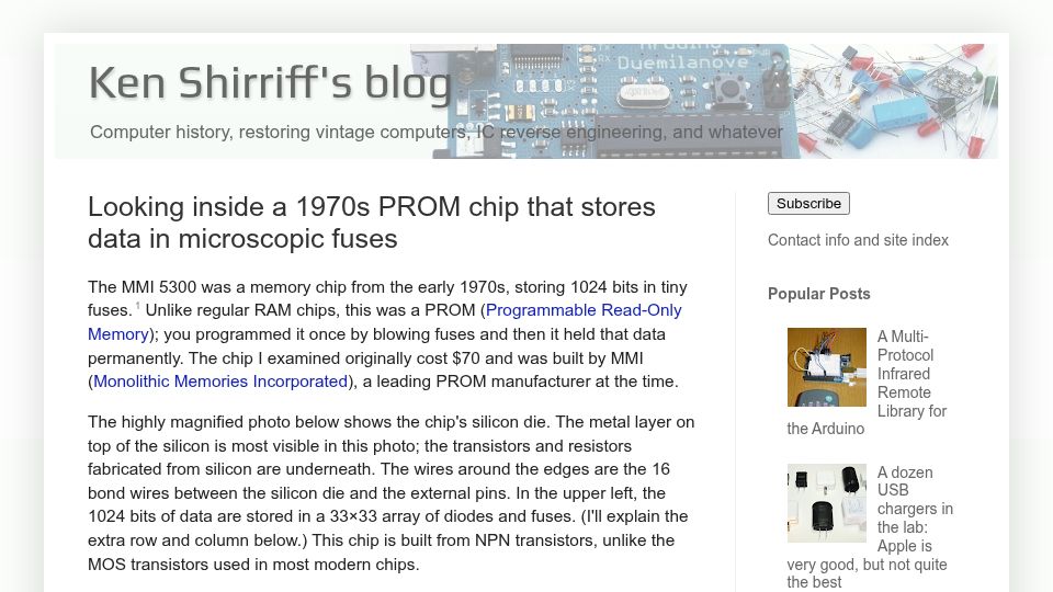 Screenshot of righto.com: Looking inside a 1970s PROM chip that stores data in microscopic fuses (2019)