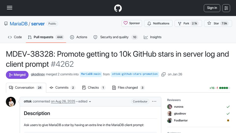 Screenshot of github.com: MariaDB: Promote getting to 10k GitHub stars in server log and client prompt