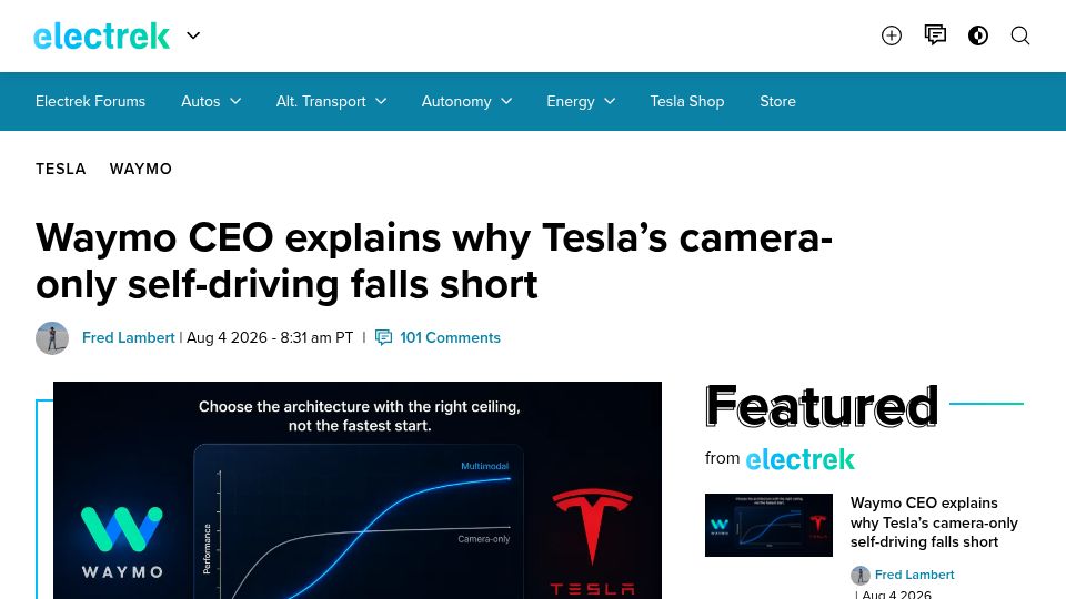 Screenshot of electrek.co: Waymo CEO explains why Tesla’s camera-only self-driving falls short