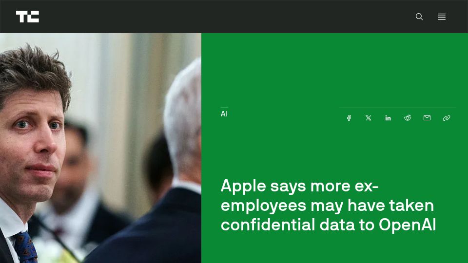 Screenshot of techcrunch.com: Apple says more ex-employees may have taken confidential data to OpenAI
