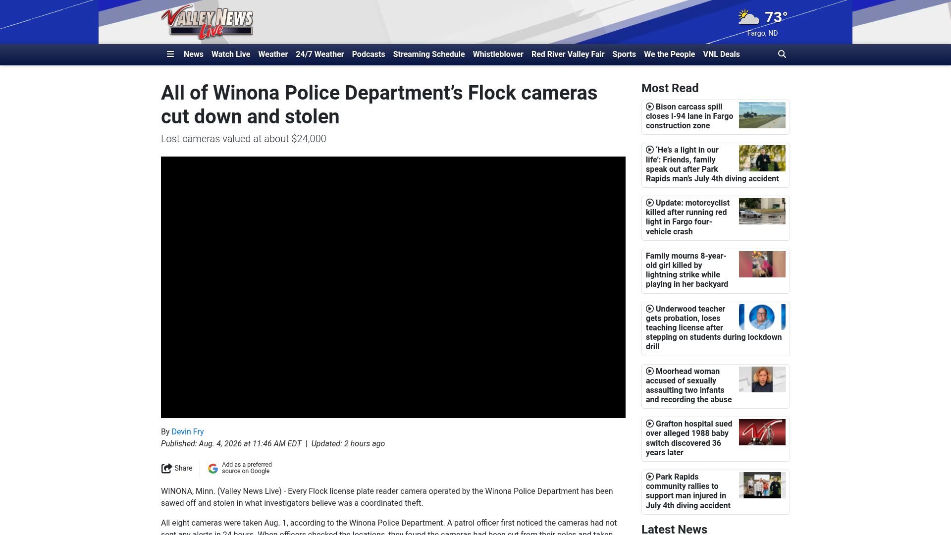 Screenshot of valleynewslive.com: All of Winona Police Department's Flock cameras cut down and stolen