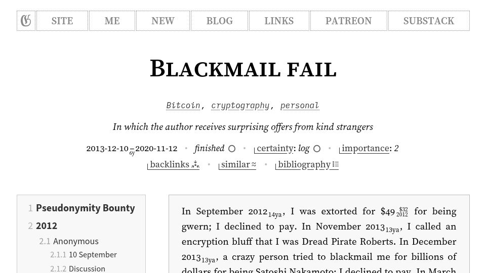Screenshot of gwern.net: Blackmail Fail (2013)