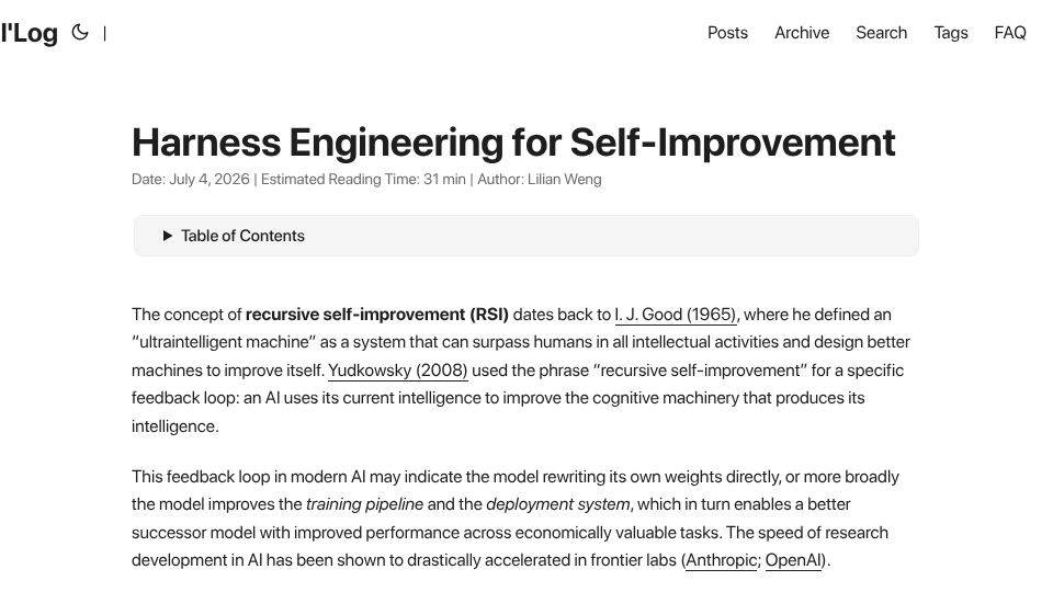 Screenshot of lilianweng.github.io: Harness engineering for self-improvement